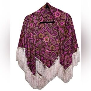 Vintage Roland California Pink Paisley Fringe Shawl Throw 70s Boho Decor